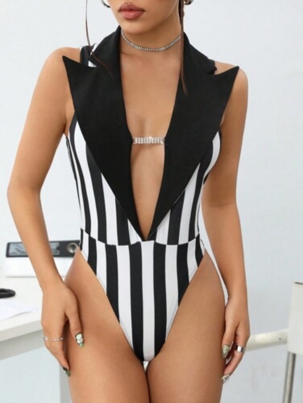Black & White Striped bodysuit with Deep V Collar
